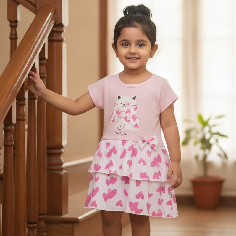 Teddy Girls Baby Pink Cotton One Piece Dress | Short Sleeves Round Neck | Back Button Closure | Casual & Daily Wear