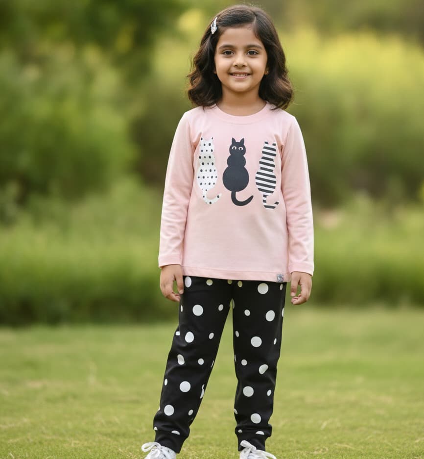 Teddy Girls Baby Pink Cotton Pyjama Set | Full Sleeves Round Neck | Full Length Pyjamas | Regular Fit | Casual & Daily Wear