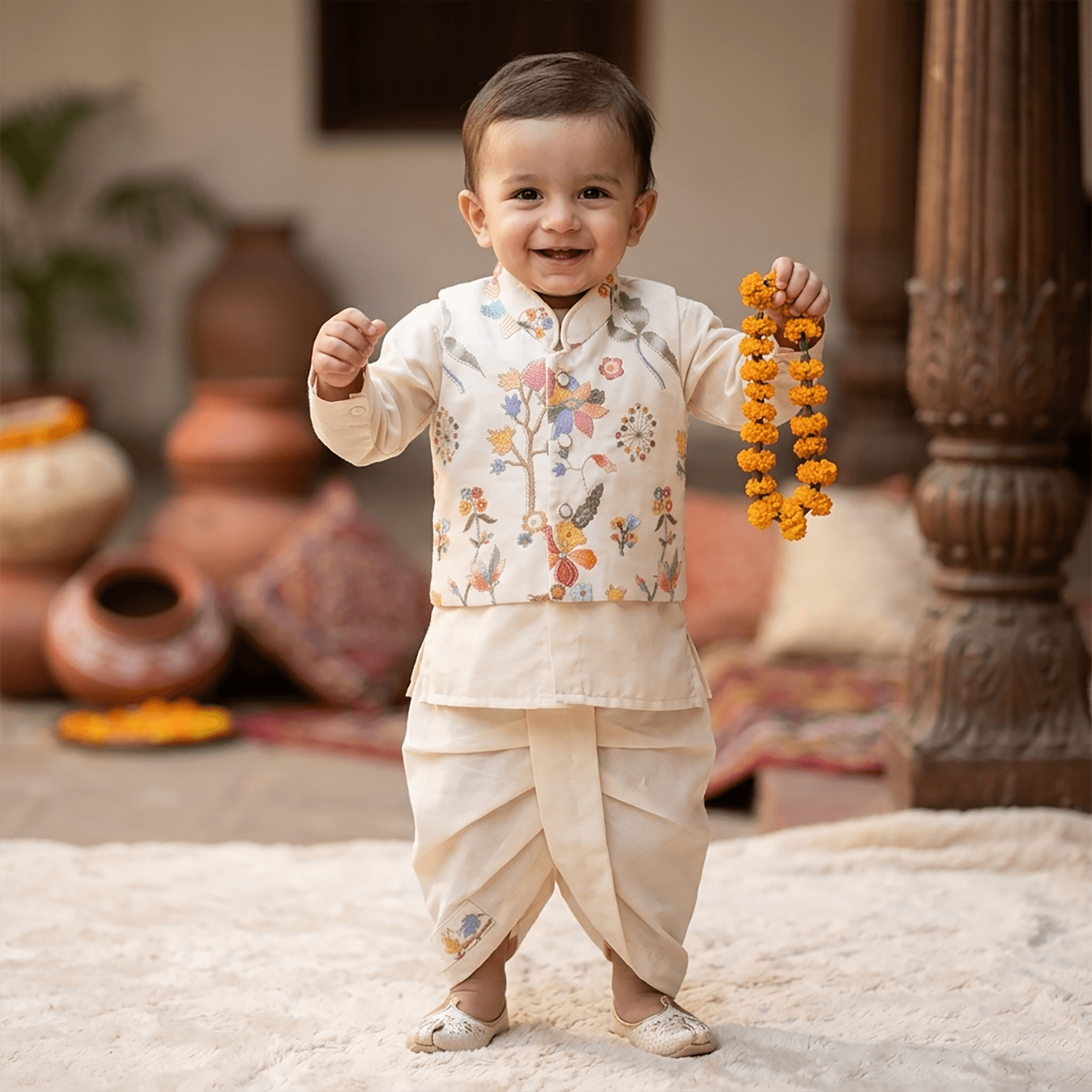 Aagam Boys Cream Cotton Kurta Dhoti & Jacket Set – Full Sleeve Mandarin Collar Partywear