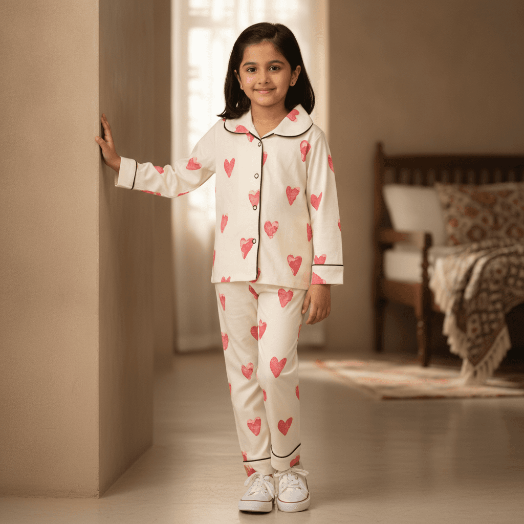 Cute Little Things Girls' Cotton Full Sleeve Pyjama Set with Camp Collar and "I MY daddy" Text in Cream for All Season Casual Wear