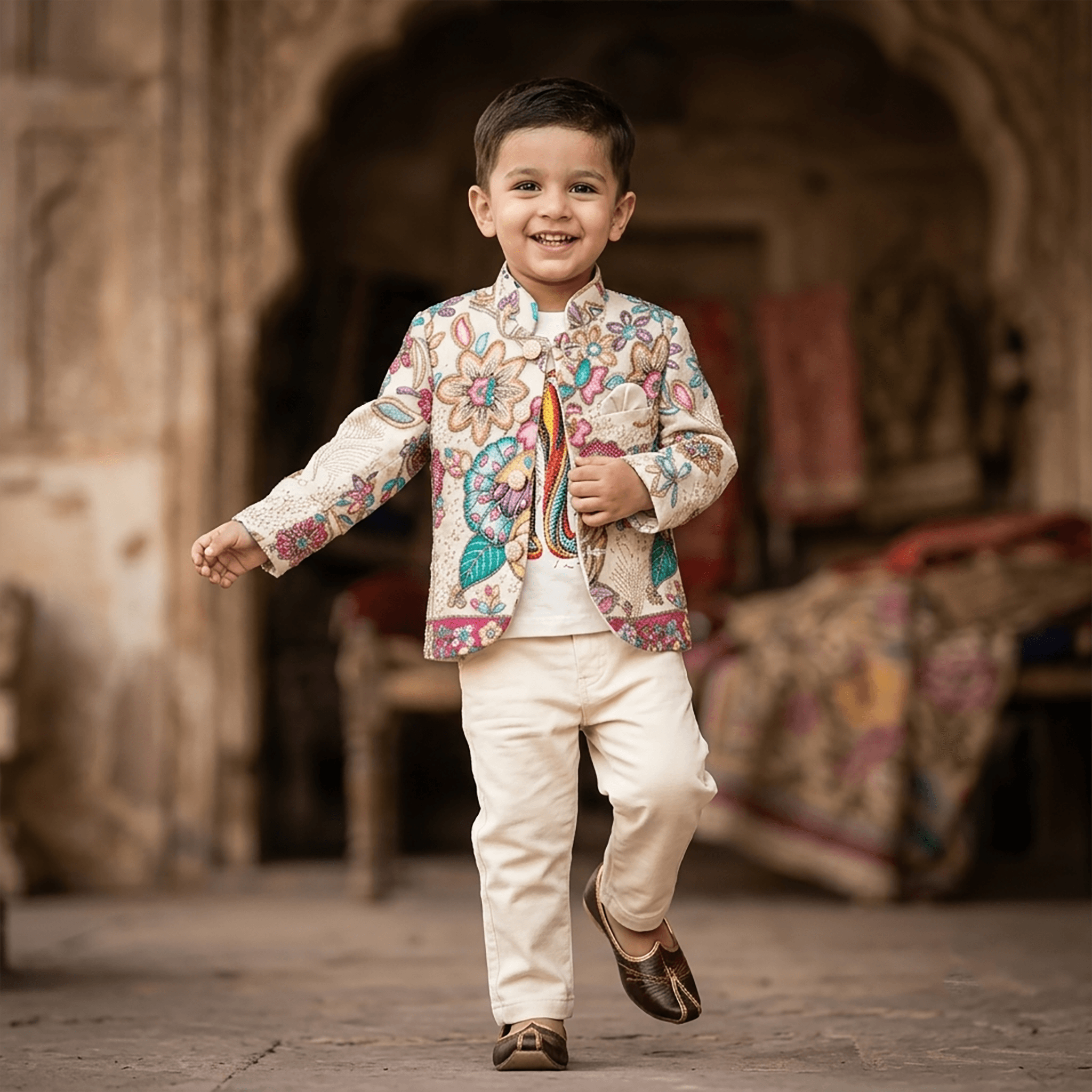 Mintu Kidswear Boys Cream Cotton Sherwani Set – Full Sleeve Mandarin Collar Sherwani & Trousers for Partywear