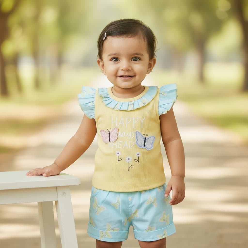 Jelly Bee's Girls Casual Summer Top & Shorts Set in Lemon with "HAPPY days AHEAD" Print