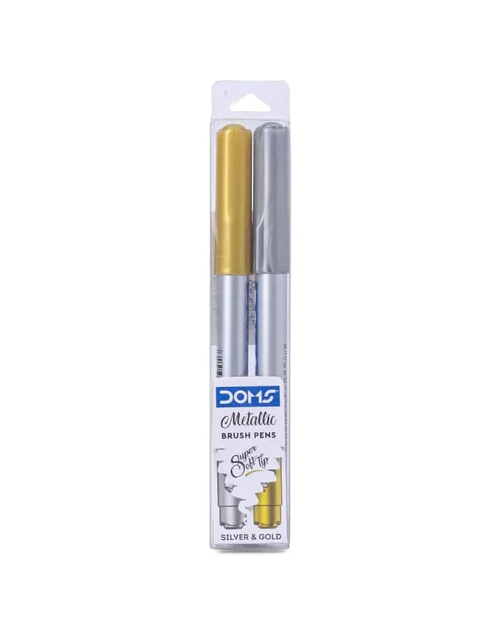 DOMS Metallic Brush Pen Set | Silver & Gold | Smooth Brush Tips for Calligraphy & Art (Pack of 2)