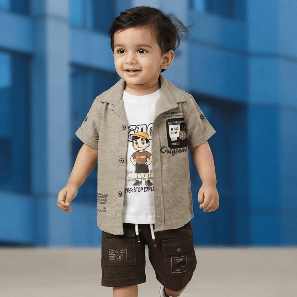 Cityboy Olive Green Casual Shirt with Inner Tee & Cargo Shorts Set for Boys - Summer Daily Wear