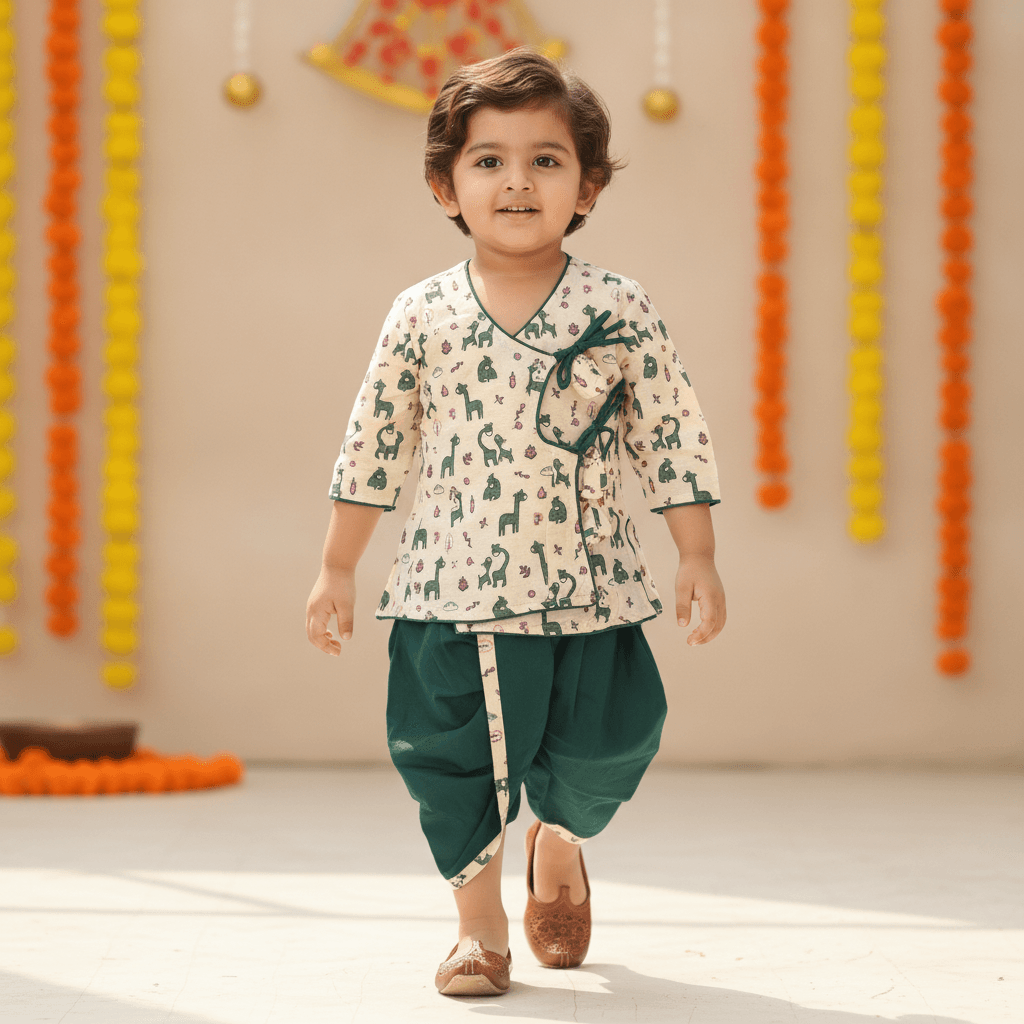 Cuddly Cubs Dark Green Dhoti Kurta Set for Boys - Half Sleeves, V Neck, Formal/Partywear, All Season
