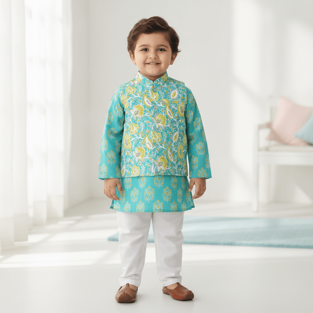Novelle Heritage Turquoise Cotton Kurta Pyjama & Jacket Set for Boys - Full Sleeves, Mandarin Collar, Formal/Partywear, All Season