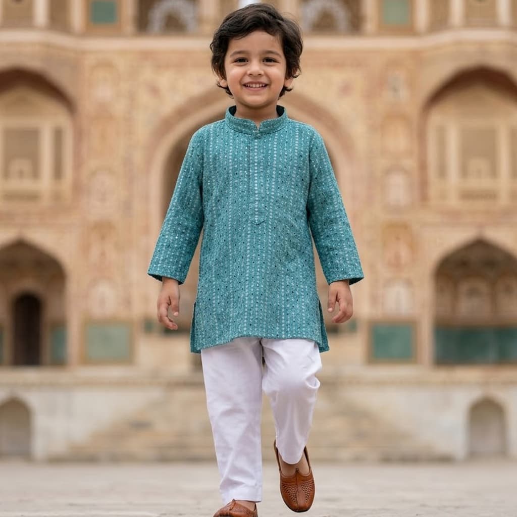 Hathom Teal Blue Cotton Blend Kurta Pyjama Set for Boys - Formal/Partywear, All Season, Full Sleeves, Mandarin Collar