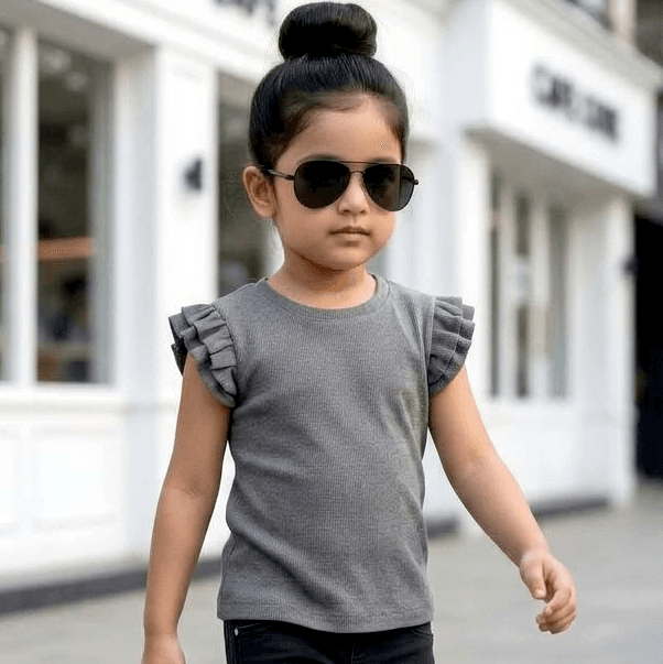 Eteenz Charcoal Grey Casual Top for Girls - Short Sleeve Cotton Slip-on Round Neck Summer Wear
