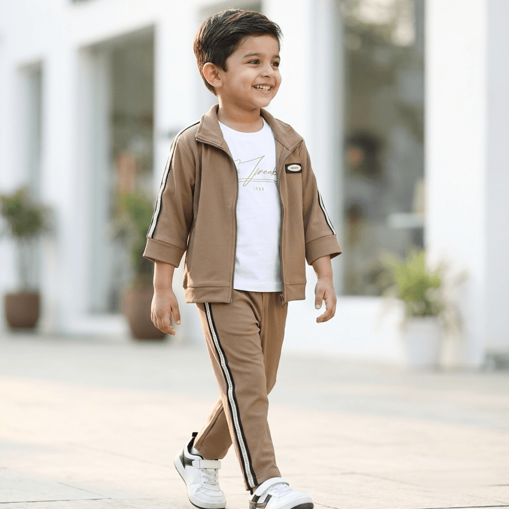 SPARK Boys Brown Cotton T-Shirt, Pant & Jacket Set