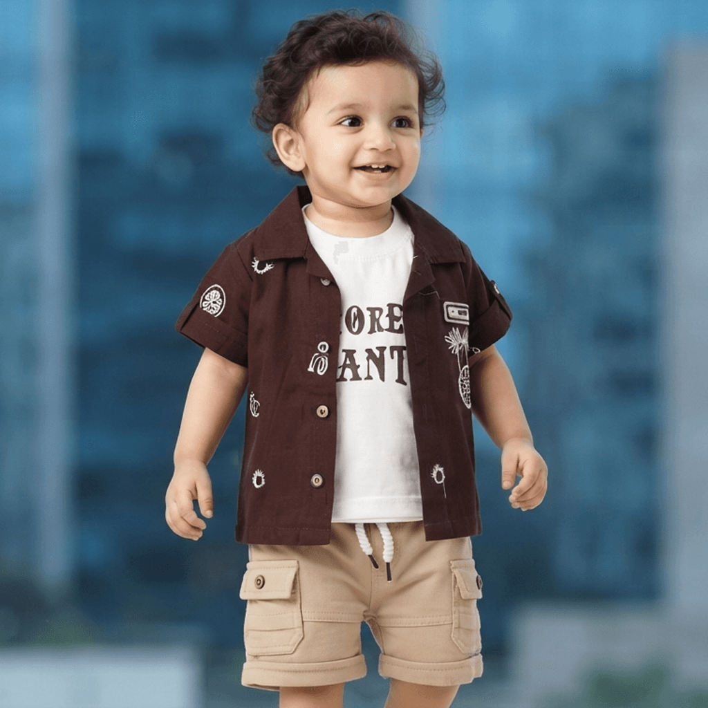 DJ BOY Boys' Casual Summer T-shirt & Cargo Shorts Set with MOR PLANTS Print in Brown
