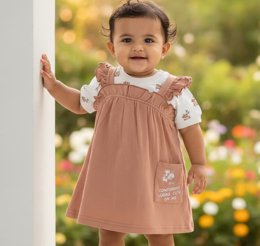 Boom Baby Brown Frock with Inner Tee for Girls - Casual Summer Wear with Short Sleeves and Back Snap Button Closure