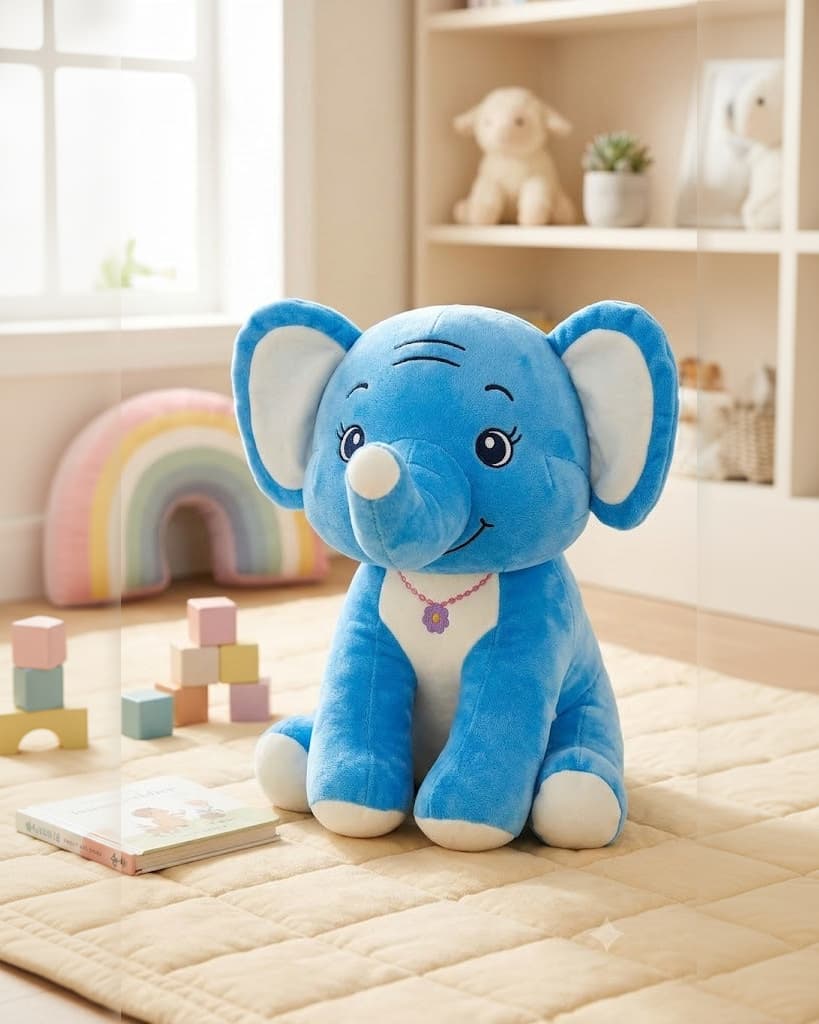 Poshampa 28cm Sitting Elephant Plush Toy | Cute Light Blue Stuffed Animal Cushion for Kids, Toddlers & Babies