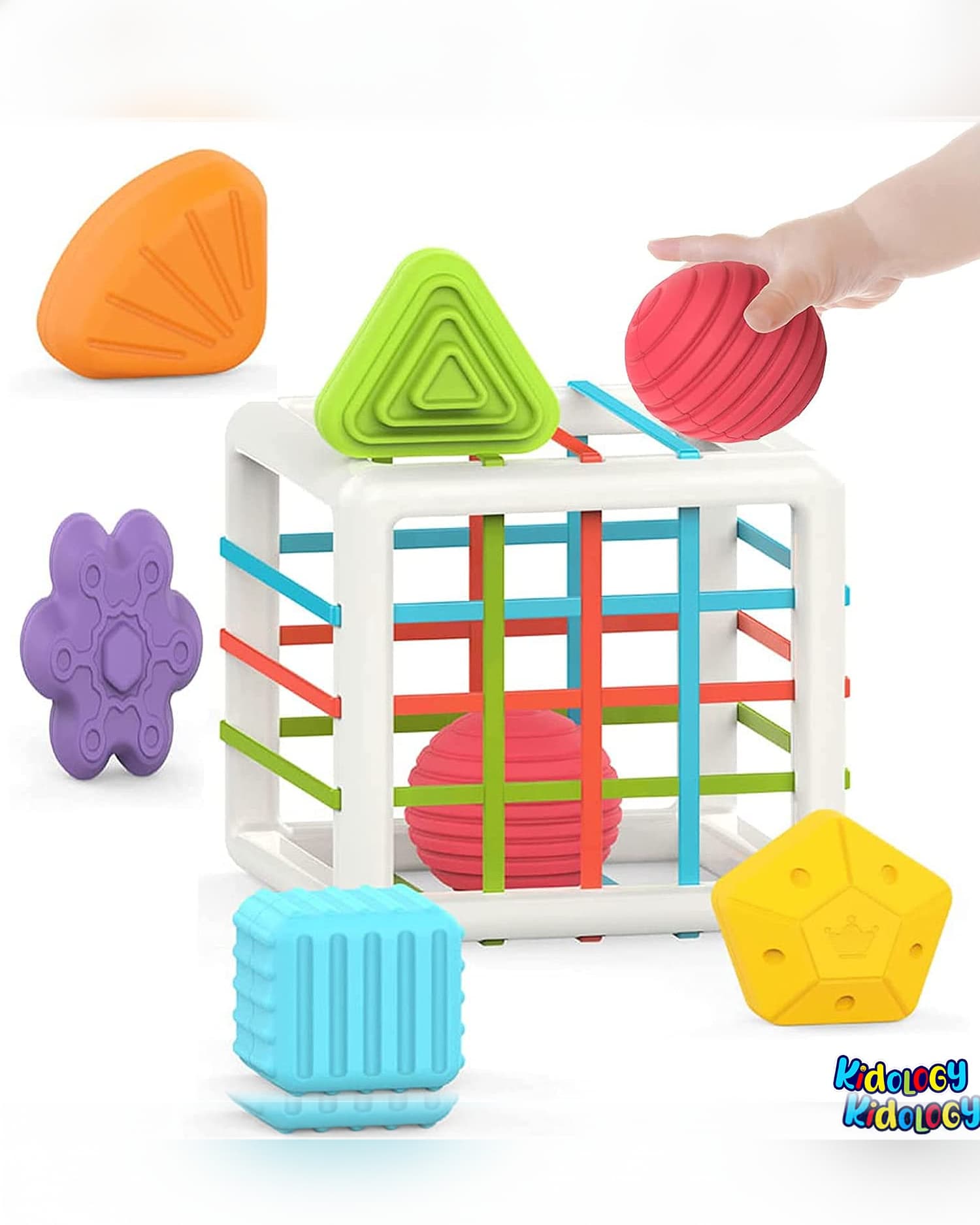 Kiddough Baby Shape Sorting Toy | Montessori Sensory Cube with 6 Shape Blocks | Fine Motor Educational Toy for Kids