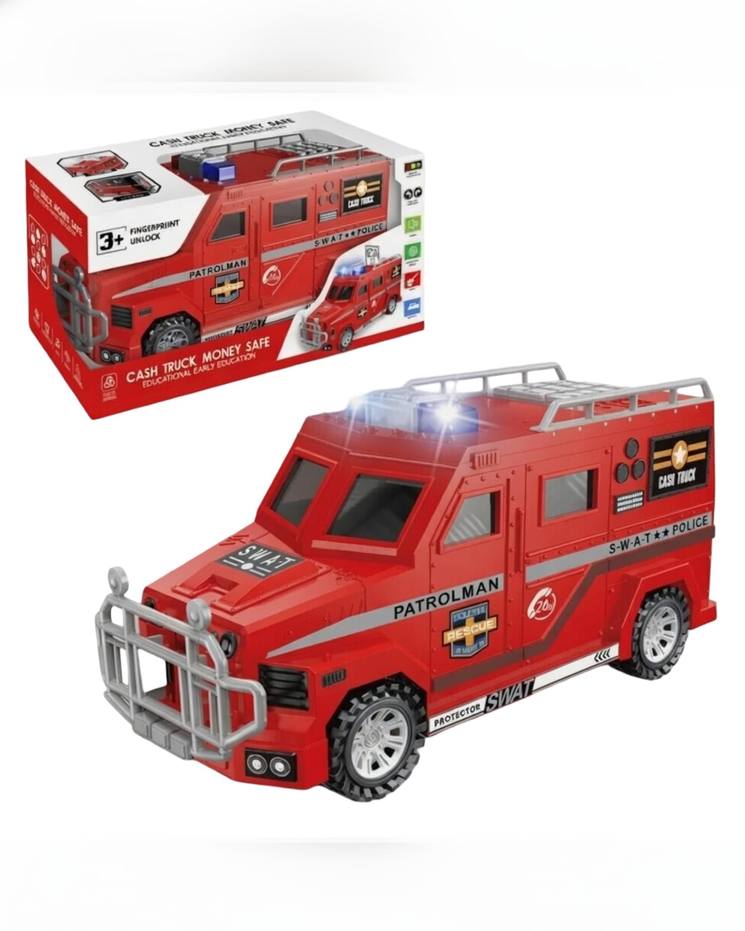 Police Cash Truck Piggy Bank for Kids | Electronic Safe with Fingerprint Lock, Auto Cash Roller, Light & Music