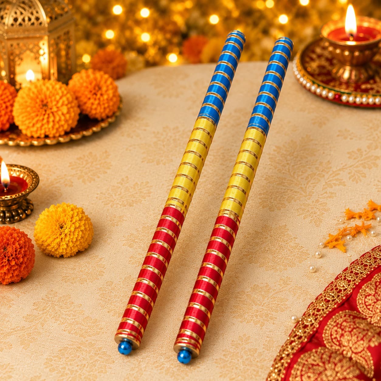 Colorful Dandiya Sticks with Zari Work – Traditional Garba & Navratri Dandiya Sticks, 1 Pair - Assorted Colors