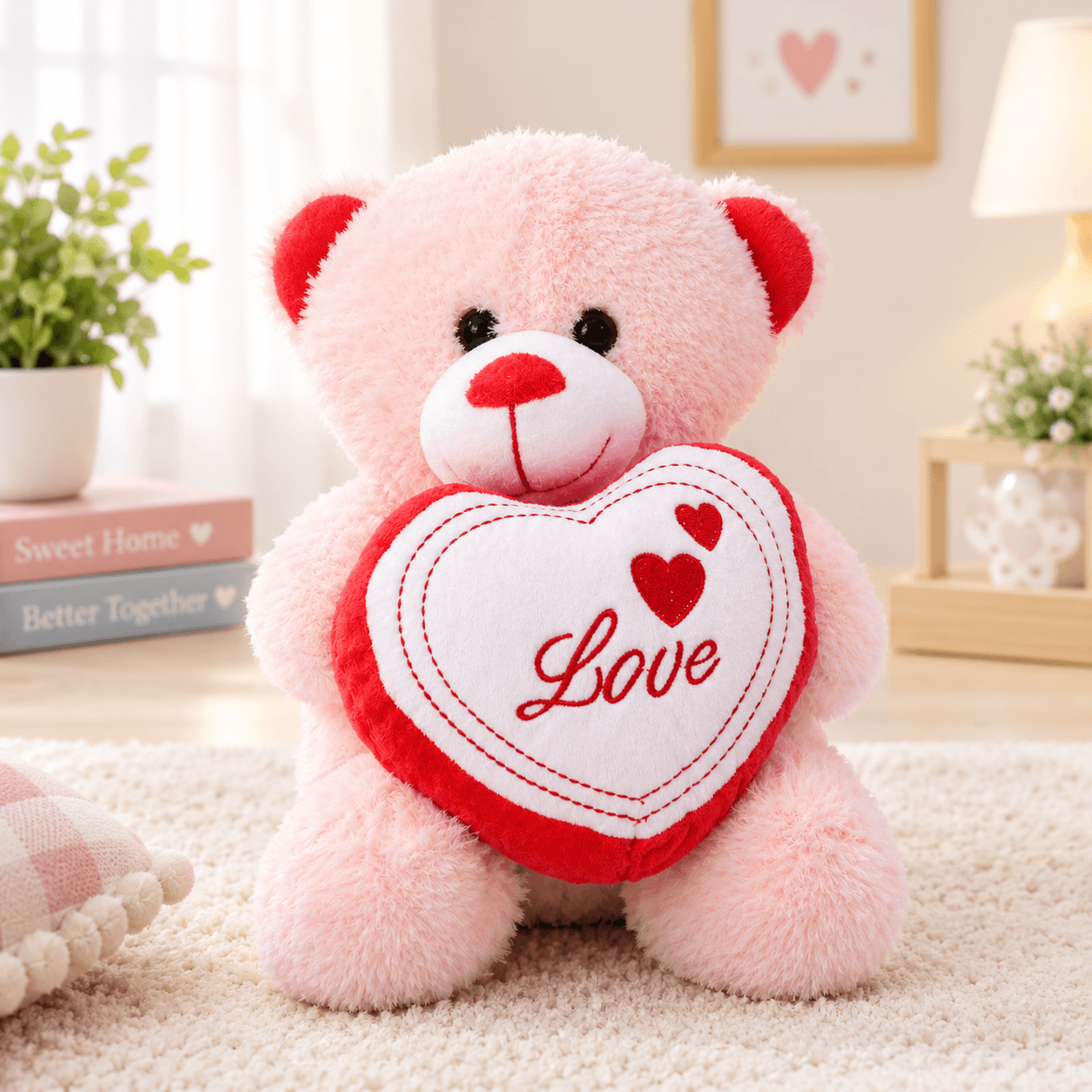 Poshampa Soft Plush Light Pink Teddy Bear with Love Heart Toy for Kids
