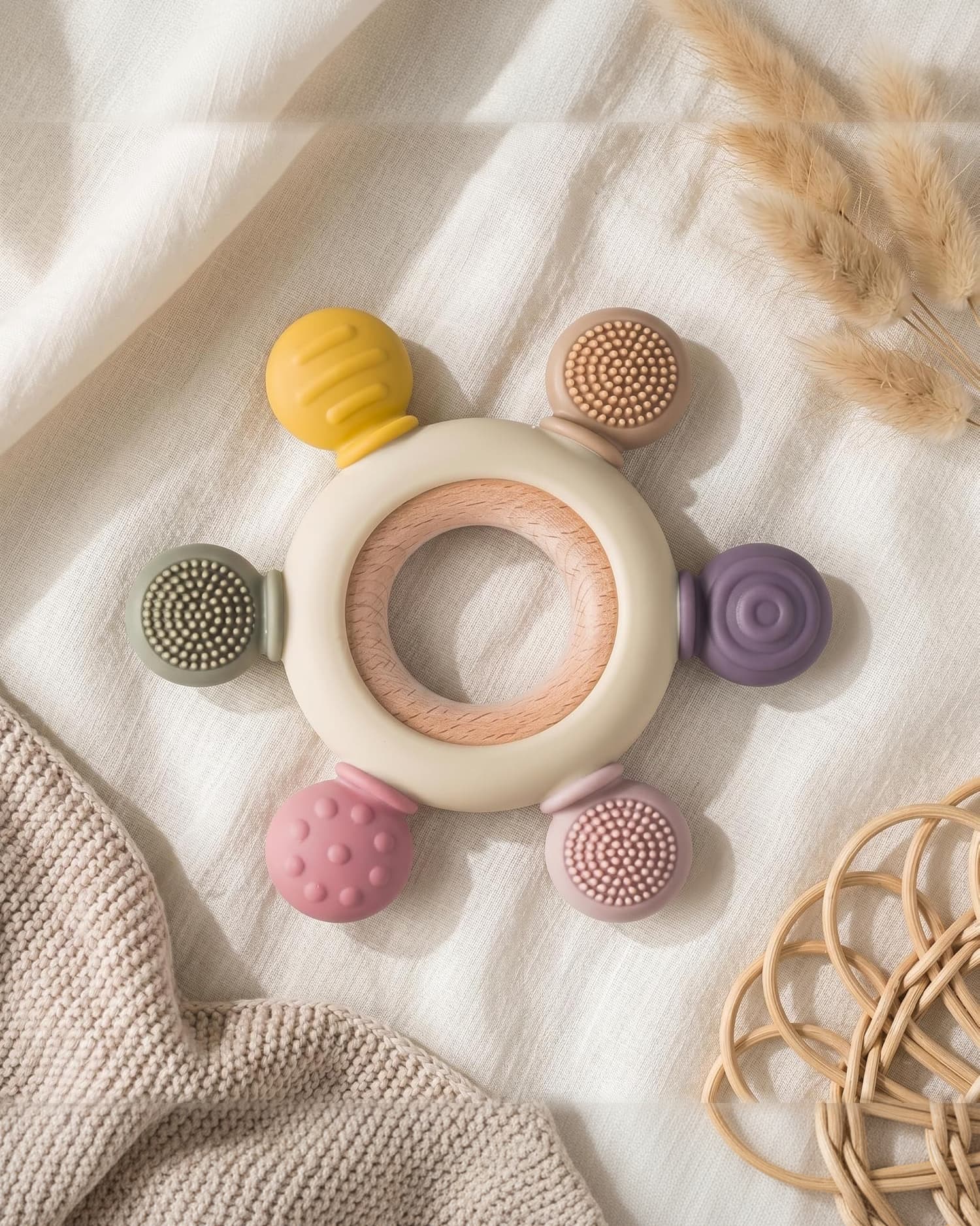 Blushbaby Silicone & Wooden Baby Teether for 3+ Months Baby | BPA Free Soft Teething Toy for Infants| Safe Sensory Teether for Gum Relief | Round Shape | Beige