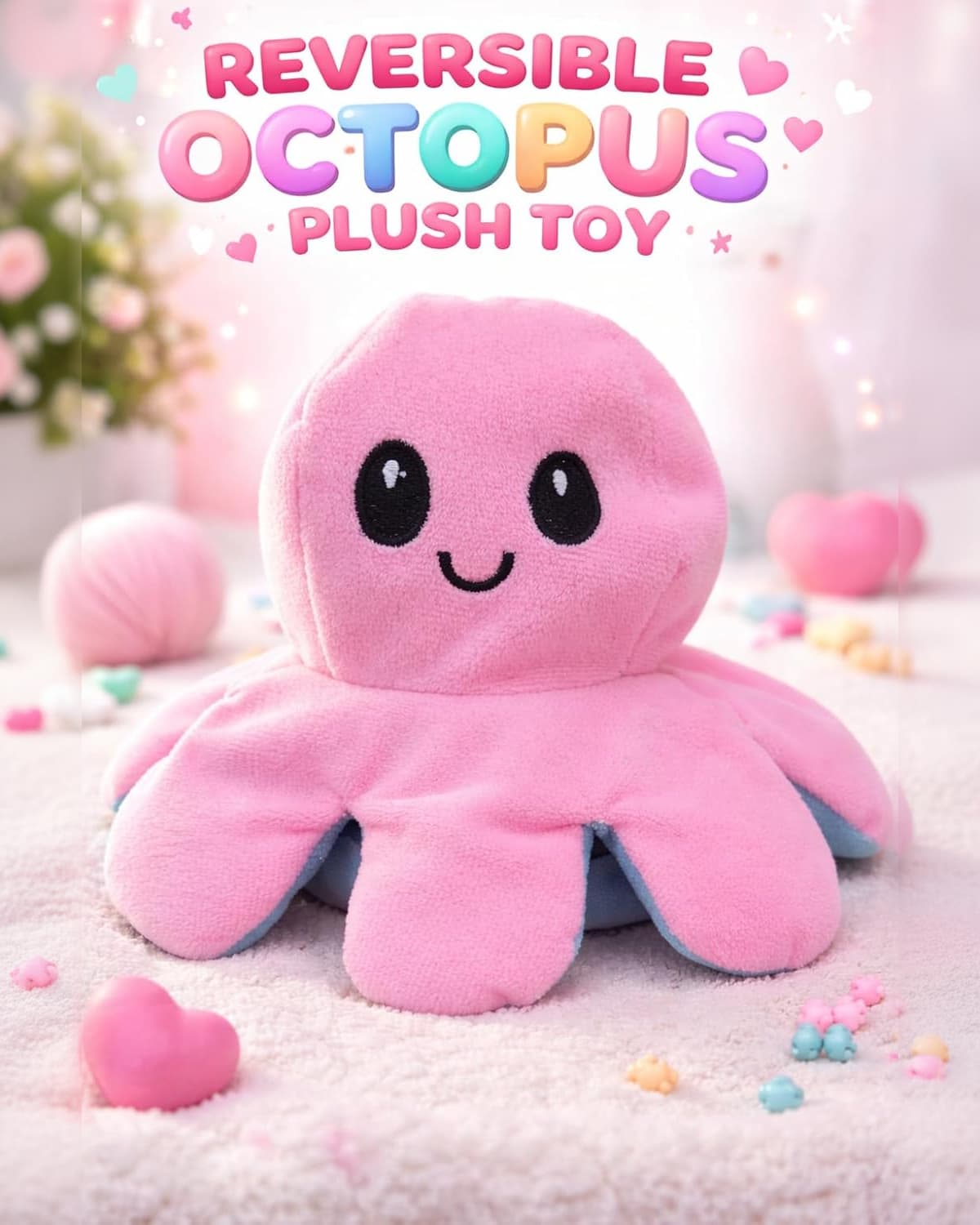 Poshampa Reversible Octopus Plush Toy – Double-Sided Flip Mood Expression (Blue & Pink)