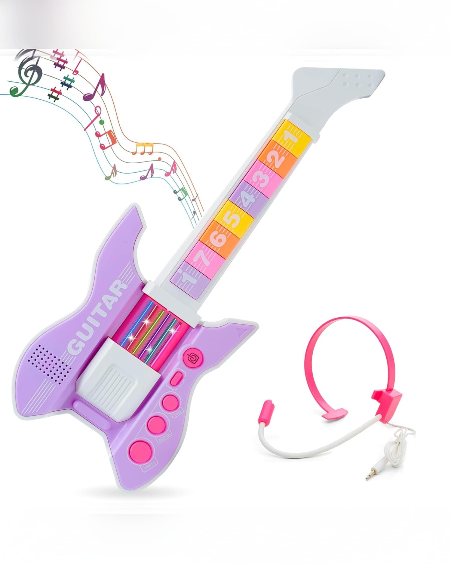 Kids Electronic Guitar with Headphones, Sensor Strings, 8 Rhythms, 3 Tones, Demo Music, Purple & Pink, 4+ Years