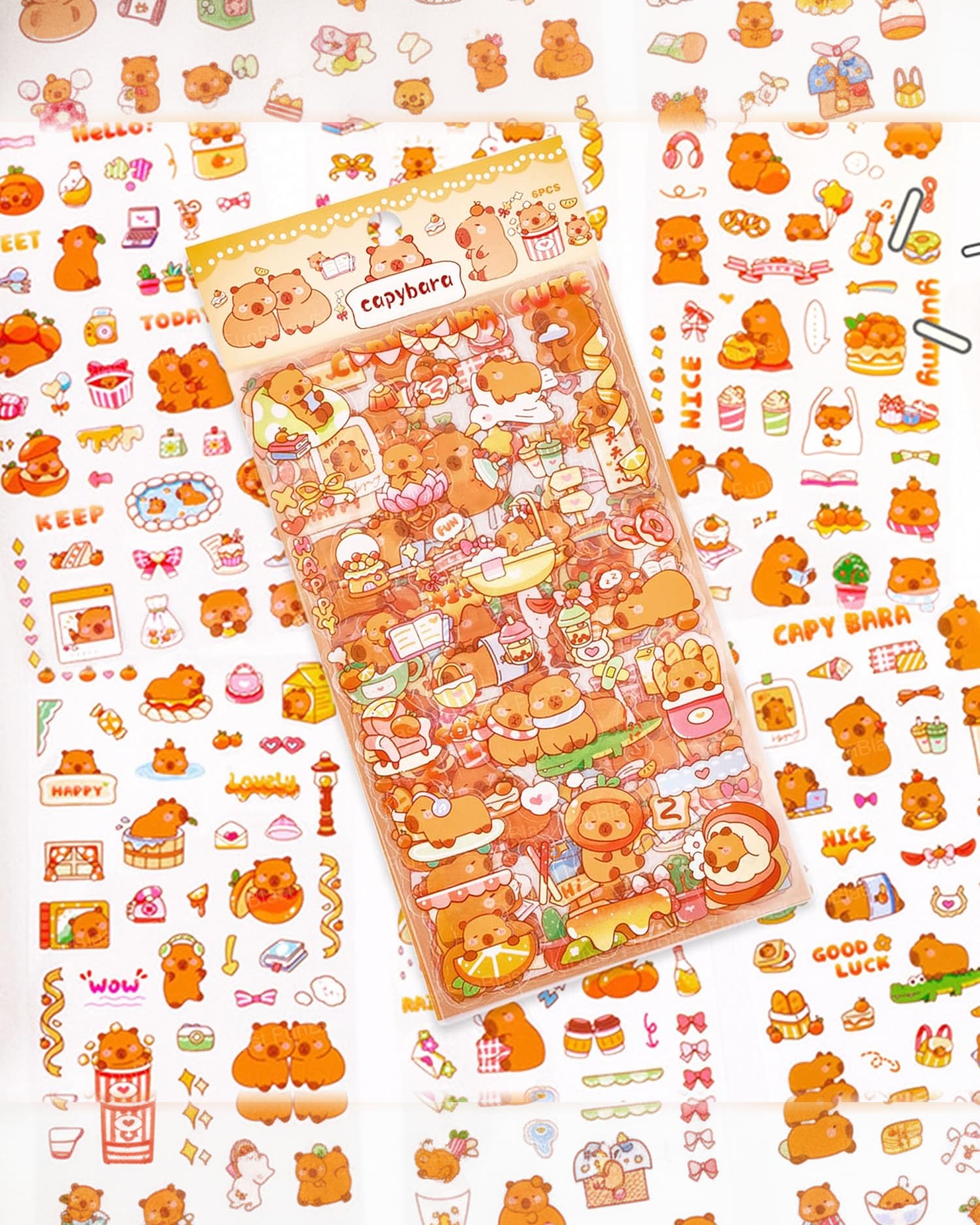 FunBlast Capybara Theme PET Stickers | 250+ Kawaii Aesthetic Self-Adhesive Craft Stickers | 6 Sheets for Kids & DIY