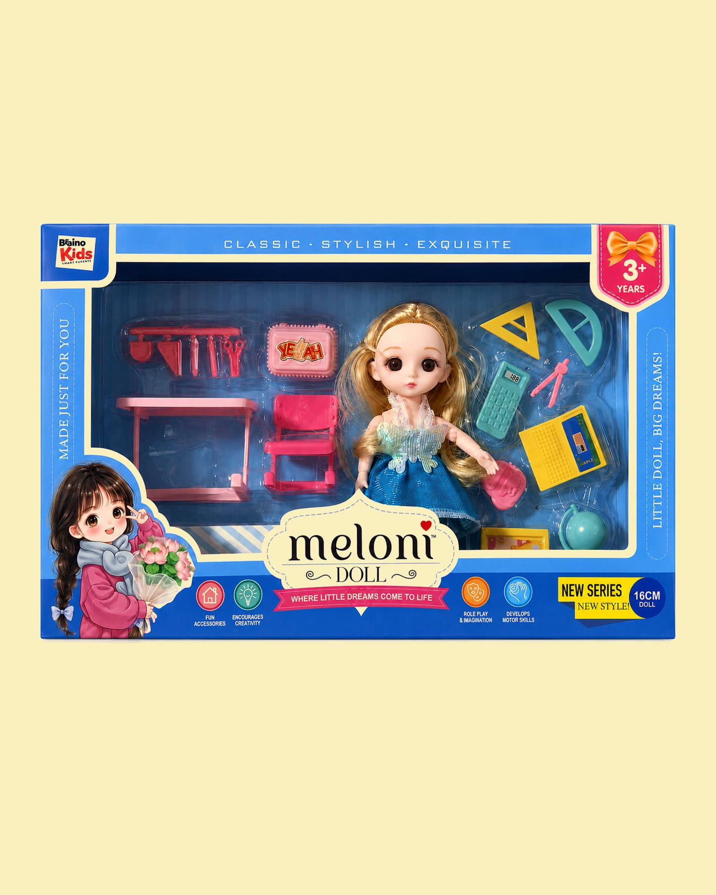 Meloni Doll Study Time Set for Kids – Pretend Play Educational Toy Set with Study Accessories for Children
