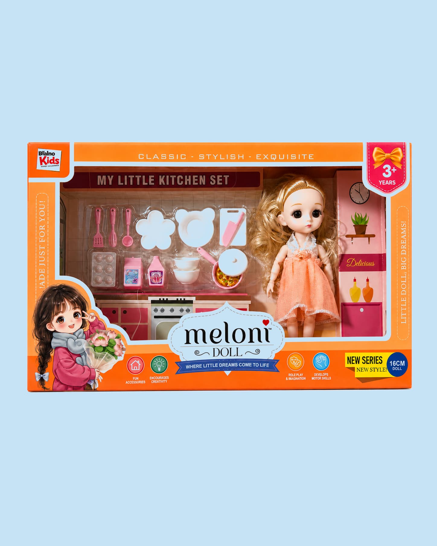 Meloni Doll My Little Kitchen Set for Kids – Pretend Play Cooking Toy Set with Colourful Kitchen Accessories