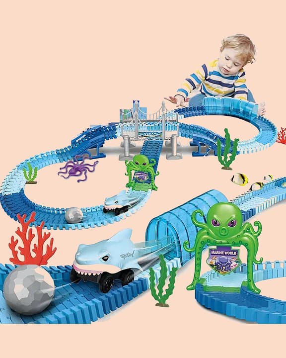 Jollyora 199 Pcs Track Car Adventure Playset - Flexible Race Track with Bridge - Tunnel - Marine World Theme - Shark Car - Sea Creatures - Ocean Adventure -PACK OF 1- COLOR MAY VARY