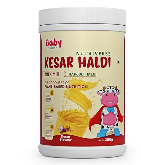 BabyOrgano Nutriverse Kesar Haldi Milk Mix – Kesar Flavor, 300g Powder, Gluten-Free, High Protein & Vitamins, Supports Growth & Development for Kids 2–8 Years