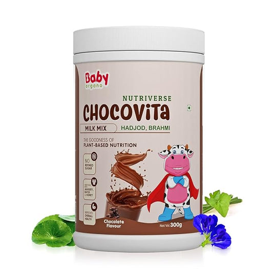 BabyOrgano Nutriverse ChocoVita Milk Mix – Chocolate Flavor, 300g Powder, Blend with 8+ Herbs including Hadjod, No Refined Sugar, Supports Growth & Bone Strength for Kids 2–15 Years