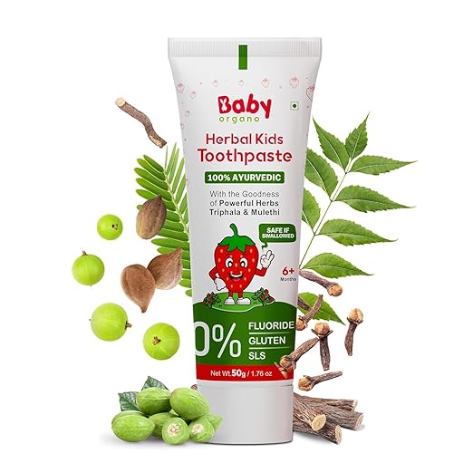BabyOrgano Kids Toothpaste – Strawberry Flavour, 6+ Months, Non-Gel Formula with Babool & Mulethi, Fluoride & SLS Free, FDCA Approved, 50g (Pack of 1
