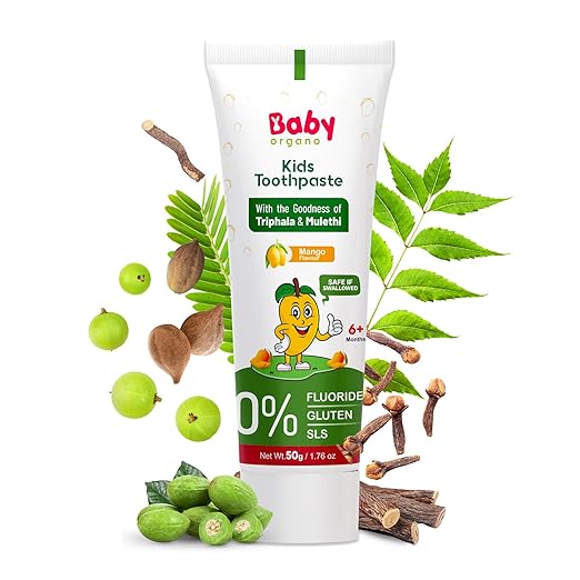 BabyOrgano Kids Toothpaste – Mango Flavour, Non-Gel Formula with Babool & Mulethi, Fluoride & SLS Free, FDCA Approved, 50g (Pack of 1