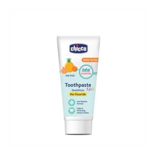Chicco Kids Safe Toothpaste 50g – Mixed Fruit Flavor, Fluoride-Free, Low Abrasive, Plaque Removal & Cavity Prevention, IDA Approved (1–6 Years)