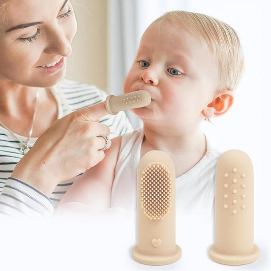R for Rabbit Tiny Smiles Gummy Finger Toothbrush for Babies | BPA-Free Silicone 2-in-1 Brush & Tongue Cleaner with Storage Case, 0+ Months, Travel-Friendly (Beige)