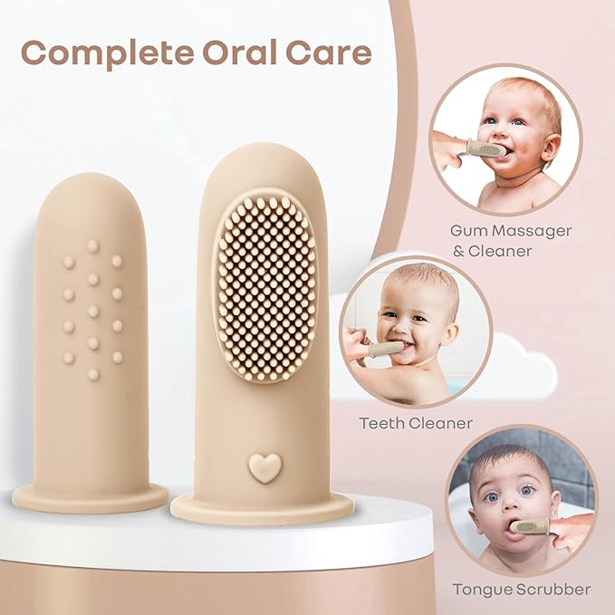 R for Rabbit Tiny Smiles Gummy Finger Toothbrush for Babies | BPA-Free Silicone 2-in-1 Brush & Tongue Cleaner with Storage Case, 0+ Months, Travel-Friendly (Beige)