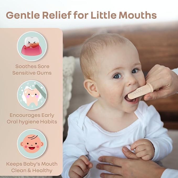 R for Rabbit Tiny Smiles Gummy Finger Toothbrush for Babies | BPA-Free Silicone 2-in-1 Brush & Tongue Cleaner with Storage Case, 0+ Months, Travel-Friendly (Beige)