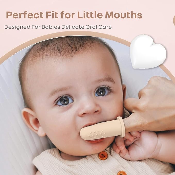 R for Rabbit Tiny Smiles Gummy Finger Toothbrush for Babies | BPA-Free Silicone 2-in-1 Brush & Tongue Cleaner with Storage Case, 0+ Months, Travel-Friendly (Beige)