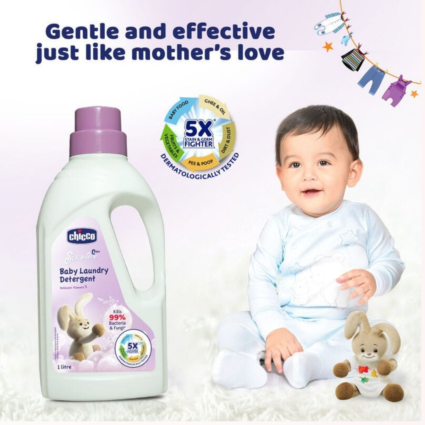 Chicco Baby Liquid Laundry Detergent 1L – 5X Stain & Germ Protection, Kills 99% Germs, Dermatologically Tested, Gentle Clean with Delicate Flowers