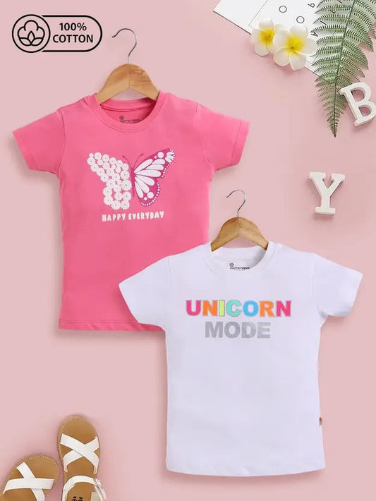 Playful Pair – Girls’ Unicorn & Happy Everyday Printed Cotton Tees