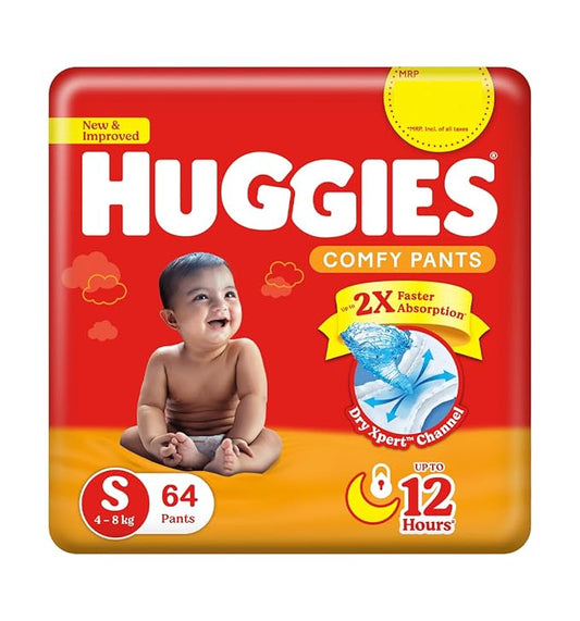 Huggies Comfy Baby Diaper Pants, Small Size (S), 64 Count, Up to 2X Faster Absorption, Dry Expert