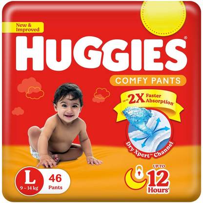 Huggies Comfy Baby Diaper Pants, Large (L), 46 Count, Up to 2X Faster Absorption, Dry Expert