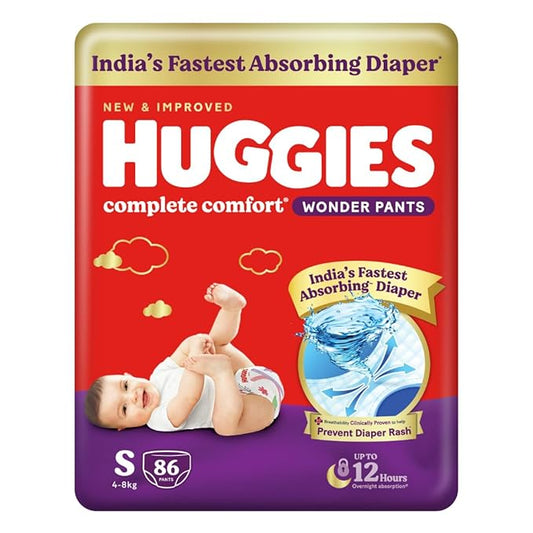 Huggies Complete Comfort Wonder Pants, Small (S), 86 Count, India’s Fastest Absorbing Diaper, 4–8kg, Pant Style, Prevents Diaper Rash