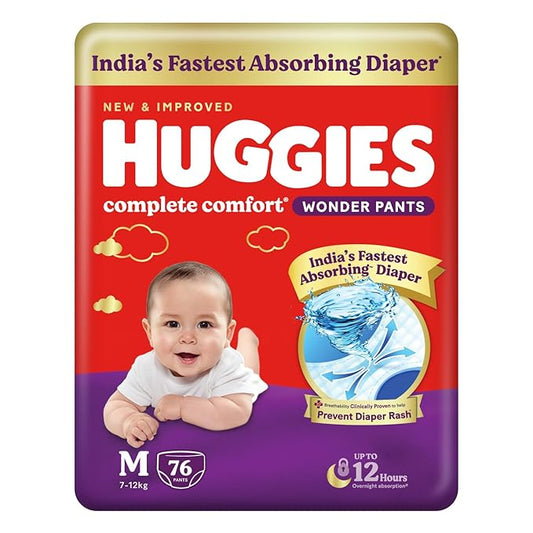Huggies Complete Comfort Wonder Pants, Medium (M), 76 Count, India’s Fastest Absorbing Diaper, 7–12kg, Pant Style,