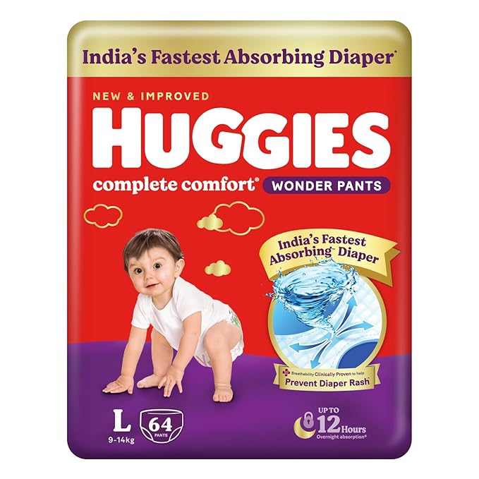 Huggies Complete Comfort Wonder Pants, Large (L), 64 Count, India’s Fastest Absorbing Diaper, 9–14kg,