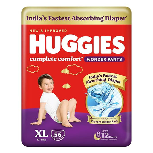 Huggies Complete Comfort Wonder Pants, Extra Large (XL), 56 Count, India’s Fastest Absorbing Diaper, 12–17kg,