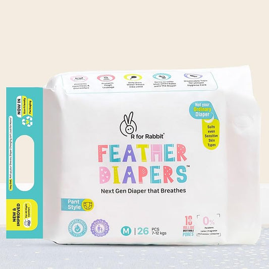 R for Rabbit Feather Diaper Pants – Medium (M) Pack of 26 | Ultra-Soft, Breathable & 12-Hour Leak Protection for Growing Babies