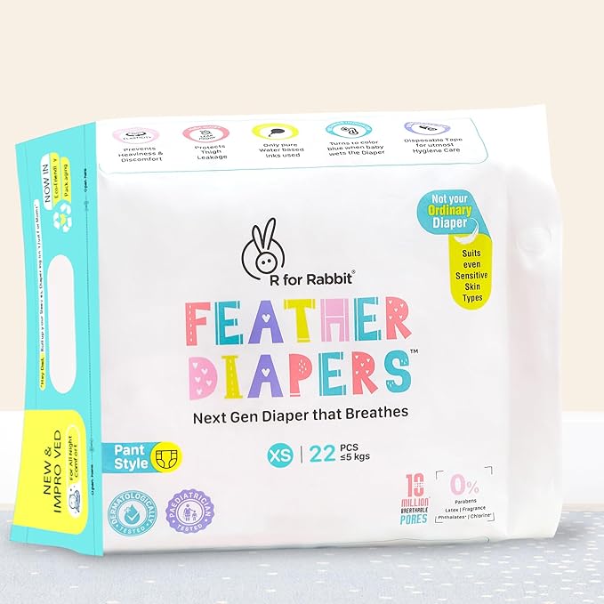 R for Rabbit Diaper Pants XS – 22 pcs, Suitable for Babies ≤5 kg, Soft & Gentle on Sensitive Skin, 3-Year Shelf Life – White