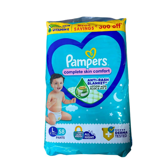 Pampers Diapers – Size Large, 58 Pants | Aloe Vera, Vitamin E, 12-Hour Dryness