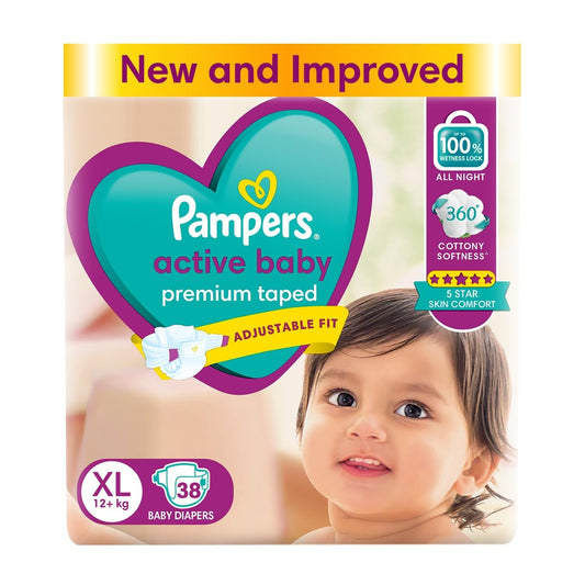 Pampers XL Taped Diapers – 38 Count | Active Baby, Custom Fit, Extra Large Size (12+kg)