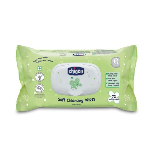 Chicco Baby Wipes Soft Cleansing – 72 Sheets, Paraben-Free, Dermatologically Tested, Fliptop Packaging