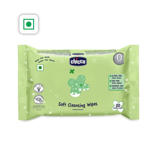 Chicco Baby Wipes Soft Cleansing – 20 Sheets, Paraben-Free, Dermatologically Tested